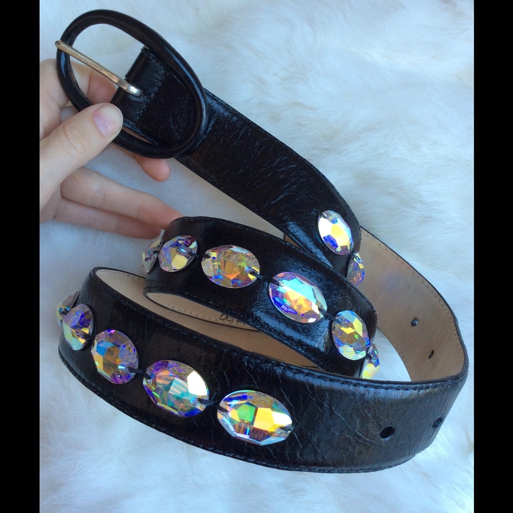 Olimpus Black Leather Bling Iridescent Jewel Belt